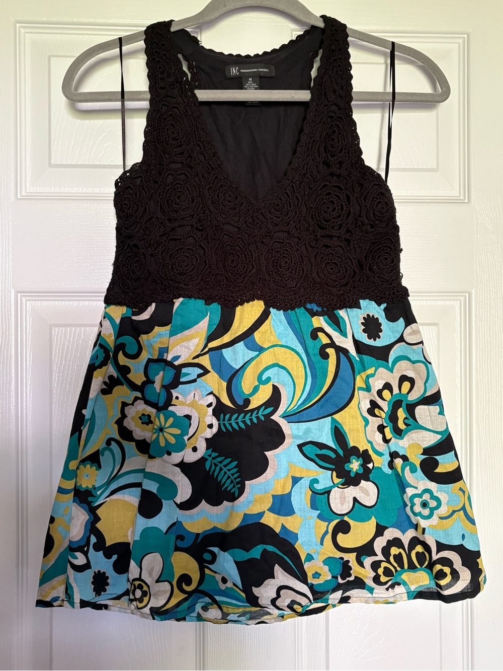 INC International Concepts Black Crochet Top Floral Print Top